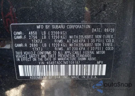 2021 Subaru Outback Premium z USA, uszkodzony, nr VIN 4S4BTADC7M3108187